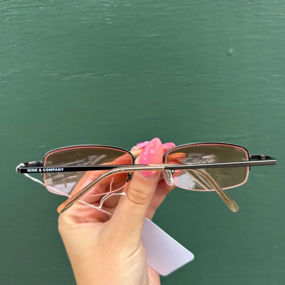 Nine & Company Y2K Vintage Rectangular Rose Tint Metal Sunglasses Gunmetal Gray